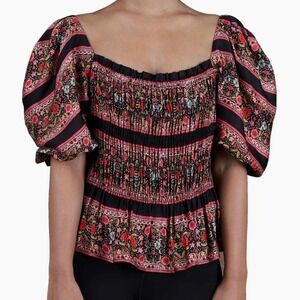 Ranna Gill Peasant Top Medium Puff Sleeve Smocked Floral Boho Festival Blouse